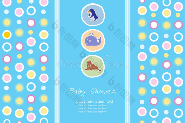 蓝色背景的动物群，婴儿淋浴<strong>卡</strong>的设计，矢量