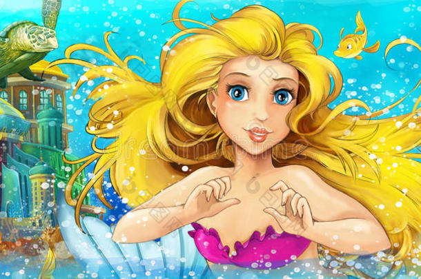 水下王国的卡通幻想场景-美丽的漫画女孩