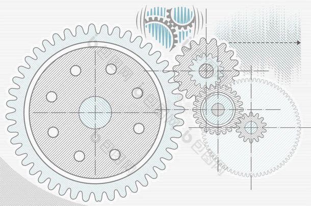 齿轮作为铅笔绘图。 抽象工程背景
