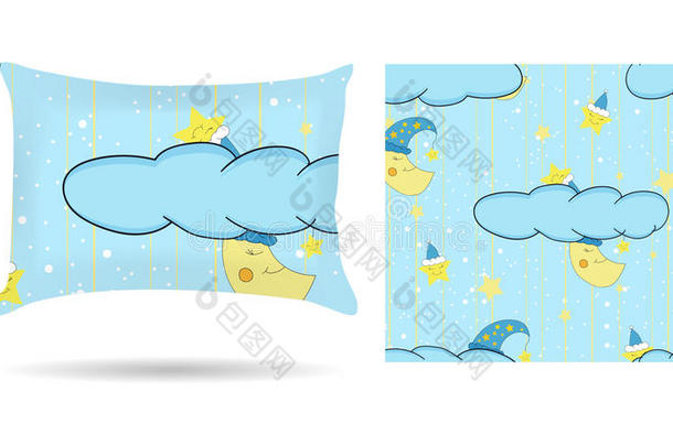 可爱的儿童装饰枕头与图案枕套在卡通风格的蓝色背景。 在白色上隔离。 室内设计