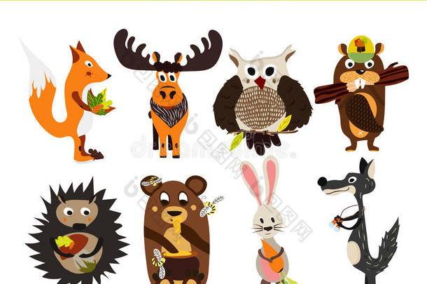 卡通集可爱的林地和森林动物驼鹿，猫头鹰，狼，狐狸，兔子，海狸，熊，驼鹿隔离在白色的背景上。