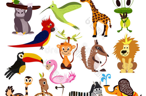 卡通系列<strong>可爱</strong>的动物猴子，狮子，<strong>斑马</strong>，大象，蛇和鸟嘴鸟，火烈鸟，哼鸟热带丛林和湿f