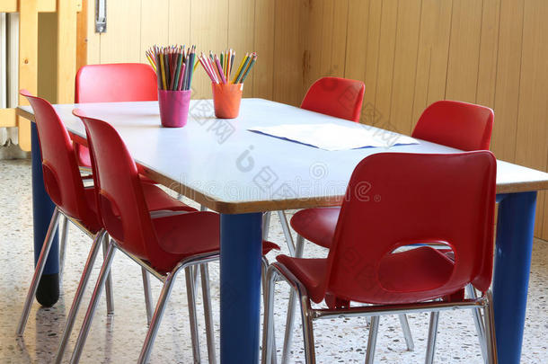 一所幼儿园的桌子，上面有铅笔和小红椅子