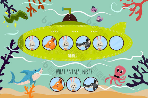 卡通矢量插图的教育将继续逻辑系列的彩色动物在绿色潜艇上。 匹配的游戏