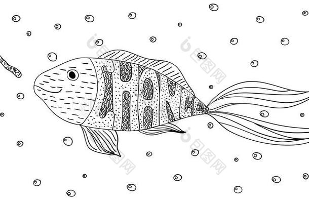 黑白装饰创意激励鱼和蠕虫在海里用泡泡设计装饰花边。 你的机会。 col页