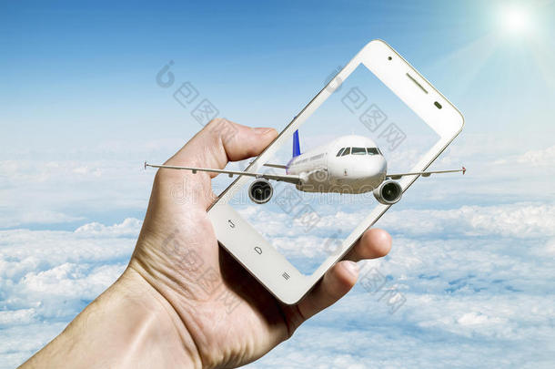 飞机从智能手机屏幕上飞出，对抗多云的景观