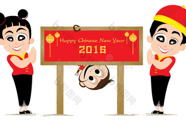 中国新年猴子和青少年隔离在白色背景上。 中国新年矢量猴子和青少年。