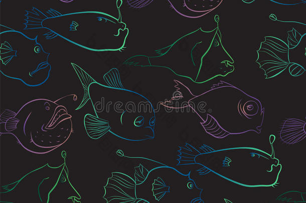 明亮而神秘的<strong>深海</strong>鱼类世界。 黑色无缝图案背景。