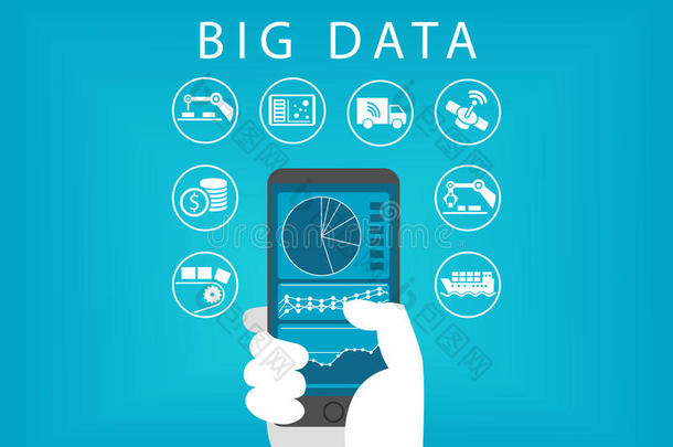 手持智能手机与移动数据分析仪表板大数据。 不同业务的概念