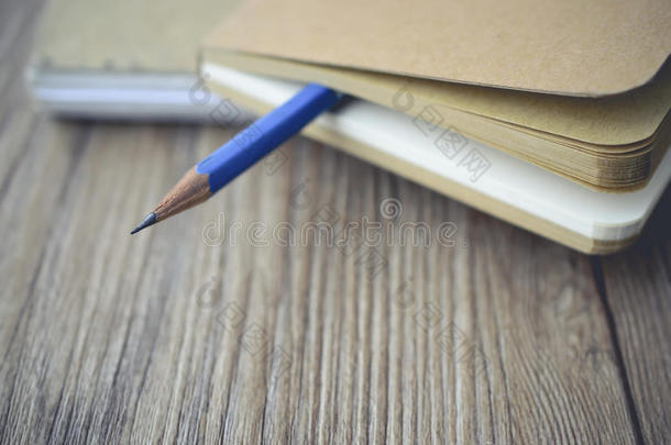 蓝色铅笔把空白的书记录在木制的书