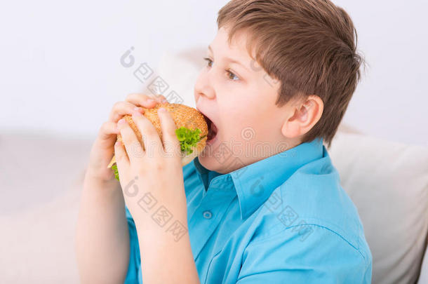 胖乎乎的孩子咬了一口奶酪汉堡
