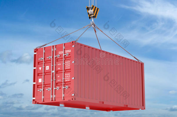 <strong>起重机吊钩</strong>和红色货物集装箱