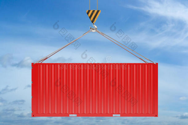 <strong>起重机吊钩</strong>和红色货物集装箱在天空背景