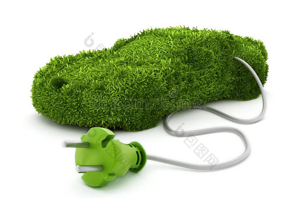 绿色的汽车覆盖着草质感，连接到电动插头上