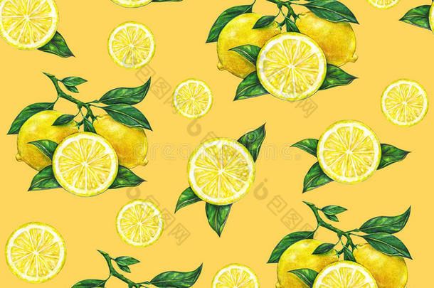 橙色背景上美丽的黄色柠檬水果的伟大插图。 柠檬的水彩画。 无缝图案