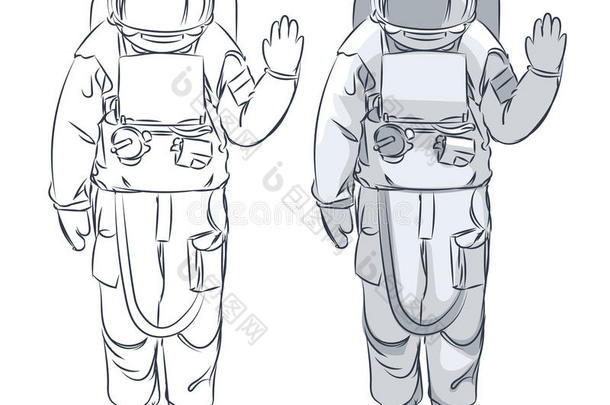 宇航员穿着宇航服，举起手敬礼。