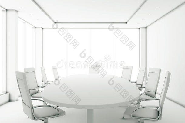 完全白色的会议室，有<strong>圆桌</strong>和<strong>大</strong>窗户