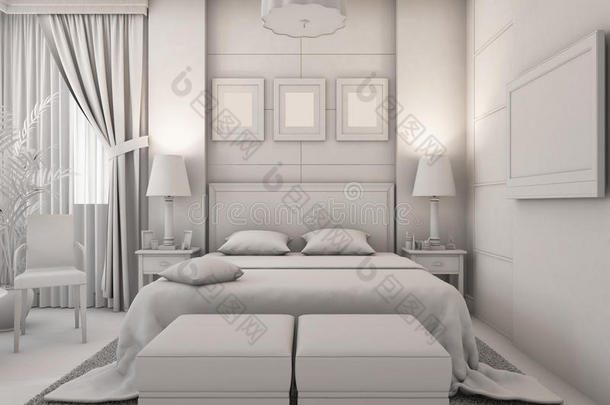 现代风格卧室的3d插图，没有纹理和材料