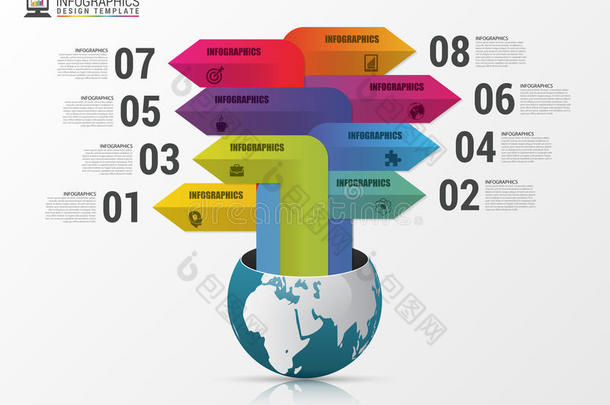 带箭的地球仪。 信息设计模板。 矢量插图