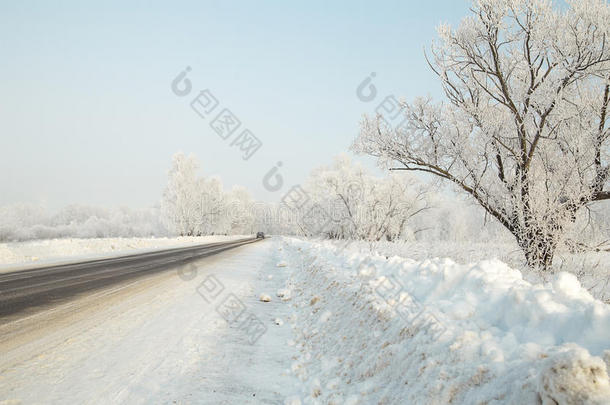 汽车在森林中的冬季公路上驶离远方