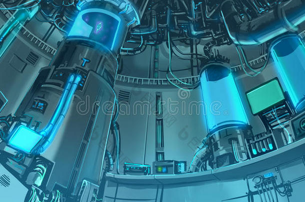 卡通插图班克地面场景的大规模科学实验室在未来主义和科幻幻想内部布局
