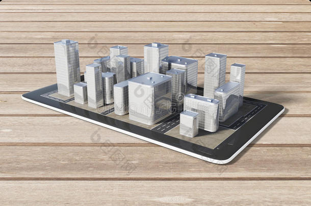 手机与3D城市建筑在木桌上，导航