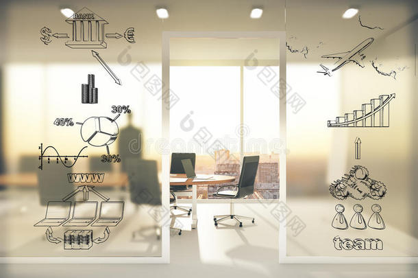 会议室a透明墙上的业务方案概念