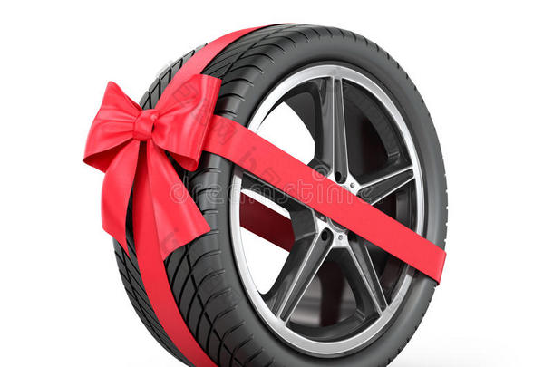汽车车轮用蝴蝶结包裹一条红色的丝带
