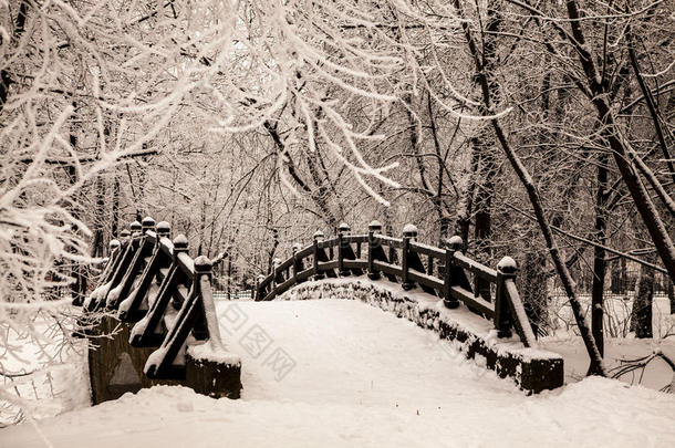 美丽的古老石桥冬林在雪中日落霜天。 树木覆盖着霜和雪。