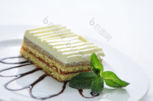 水果海绵蛋糕与顶部和薄荷叶在白色盘子，产品摄影为商店或糕点