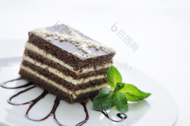 巧克力蛋糕，奶油和巧克力漩涡在白色盘子，甜甜点，糕点，摄影商店