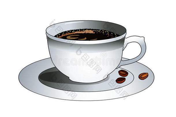 茶托上的一杯热咖啡。 盘子里的咖啡豆。 清爽的调味饮料。 咖啡加牛奶。 土耳其天然酿造咖啡