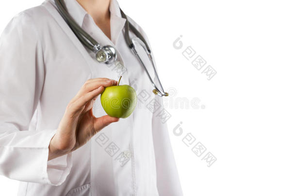 女医生<strong>手</strong>里拿着绿苹果。 <strong>关门</strong>
