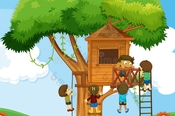 孩子们爬上花园里的树屋