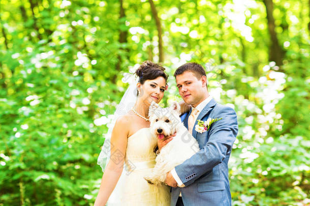 新娘和新郎带着狗西高地白色