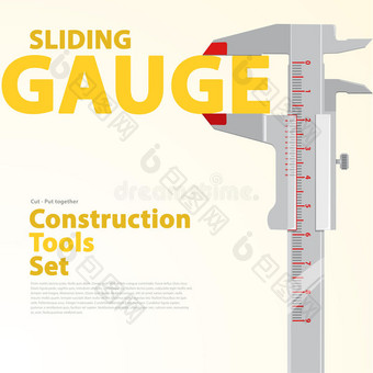 黑白滑动卡尺规。 黄色和橙色排版一套电线施工工具。图片