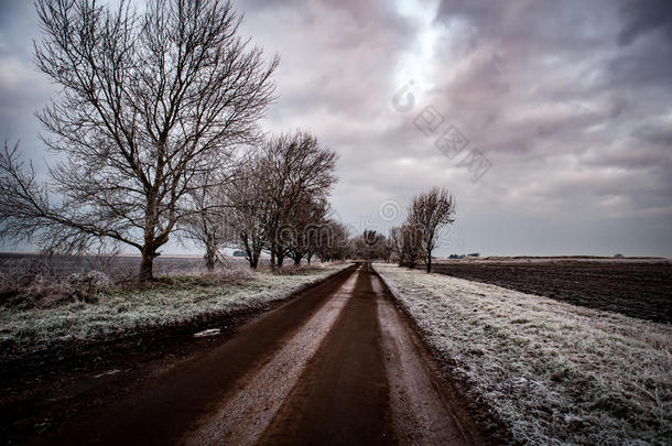 乡间道路在冬天的霜冻中
