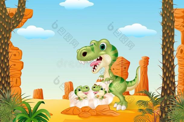 卡通妈妈暴龙恐龙和恐龙宝宝孵化