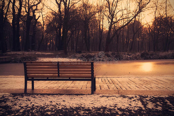 长凳平静的圣诞节气候寒冷的