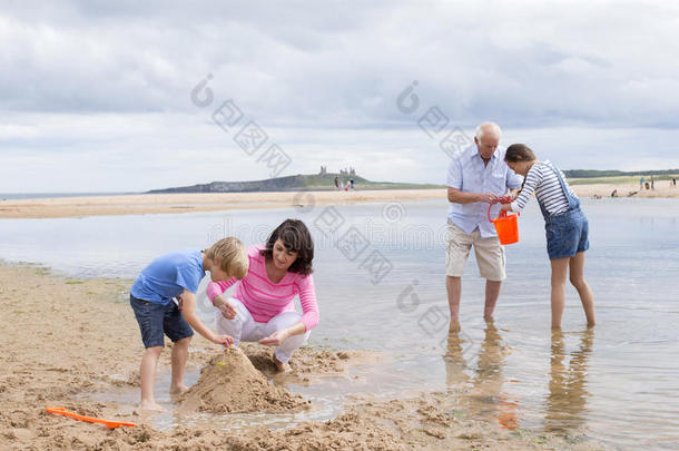 祖父母和孙子孙女在海滩上玩耍