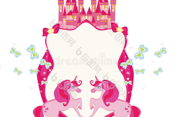 童话般的框架，粉红色的城堡和独角兽