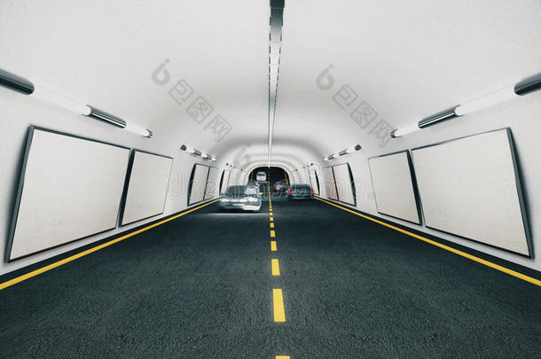 隧道内有汽车的空白广告牌