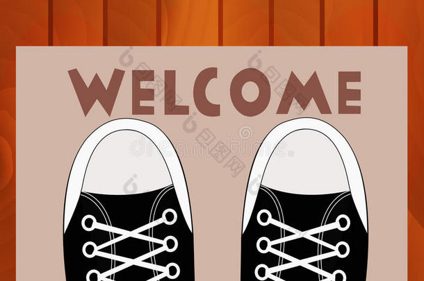 脚青少年穿着运动鞋，靠近门口的地毯，上面写着欢迎在房子前面。