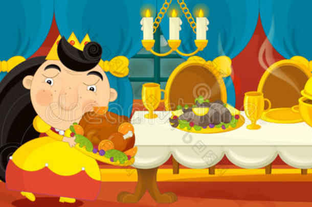 卡通中世纪场景-不同童话的形象-餐厅的女王
