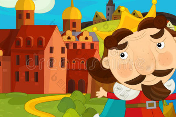 卡通中世纪场景与国王在他的城堡前-不同的童话形象