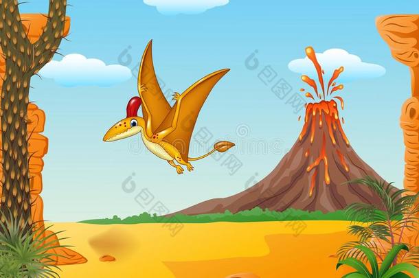 卡通有趣的翼龙飞行与火山背景