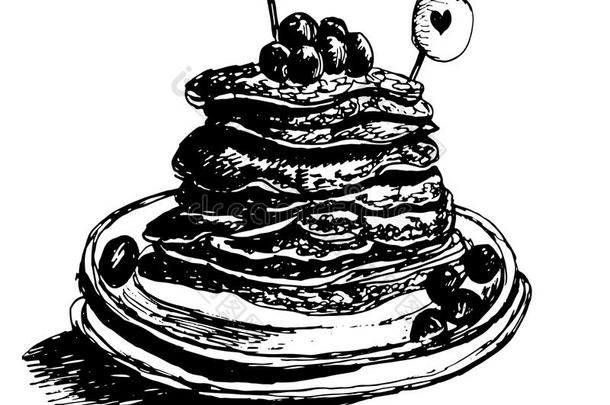 甜点新鲜热煎饼，枫糖浆倒入蓝莓，墨水素描手绘插图