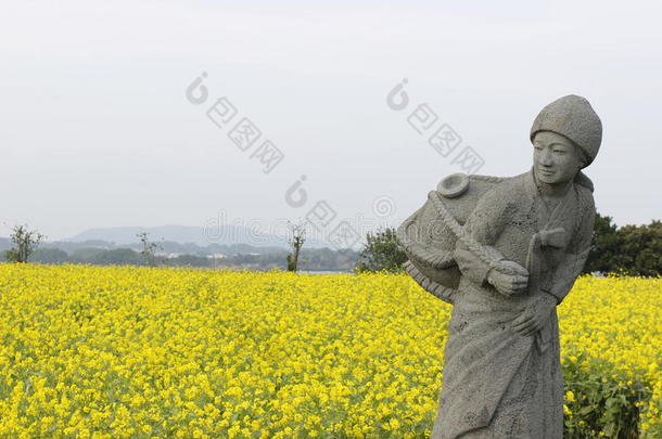 济州岛Ko有黄色背景的渔夫女子雕像