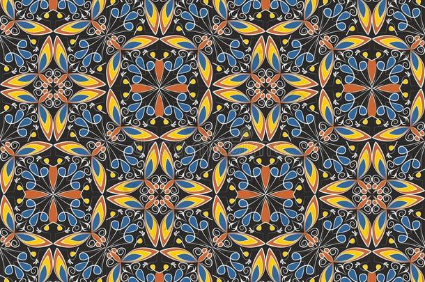 精致的东方彩色地毯或陶瓷装饰品，橙色和蓝色，黑色背景上有白色曲线