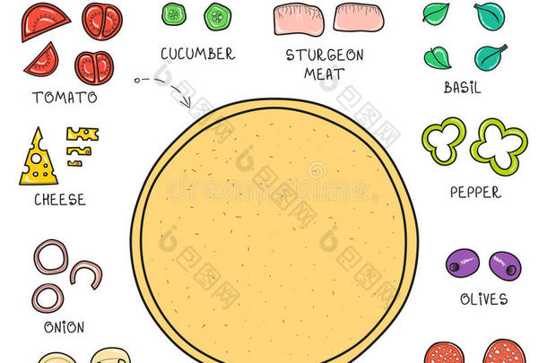 涂鸦一套配料来制作比萨饼。 模板披萨